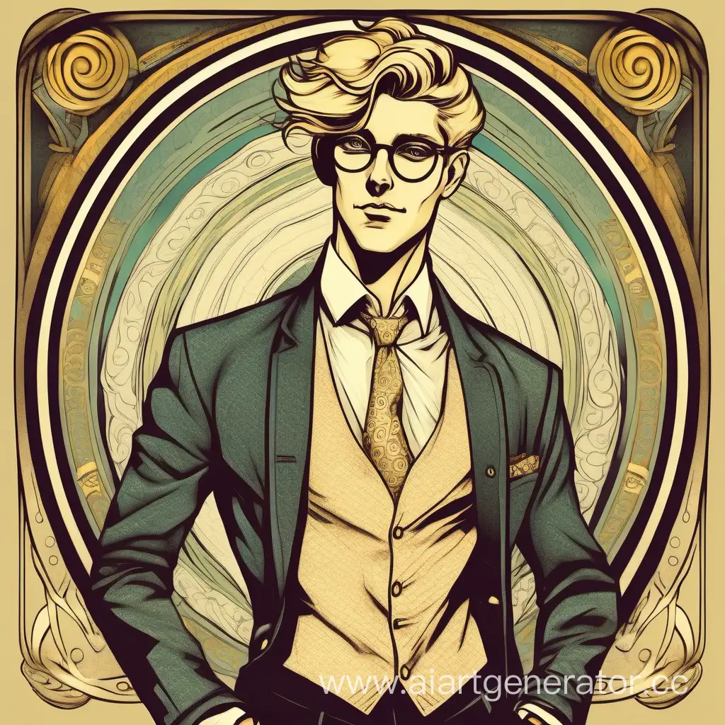 Handsome, tall, spectacled young blonde man radio show host taking off his jacket in the style of Alfonse Mucha androgynous 