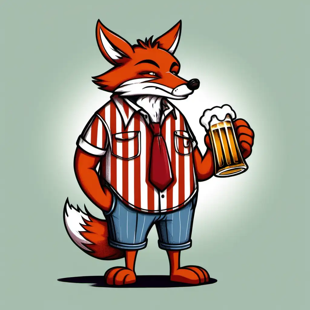A tough looking Phoxy the fox. Drinking a large beer. Wearing a red and white vertically striped shirt. Cartoon style.
