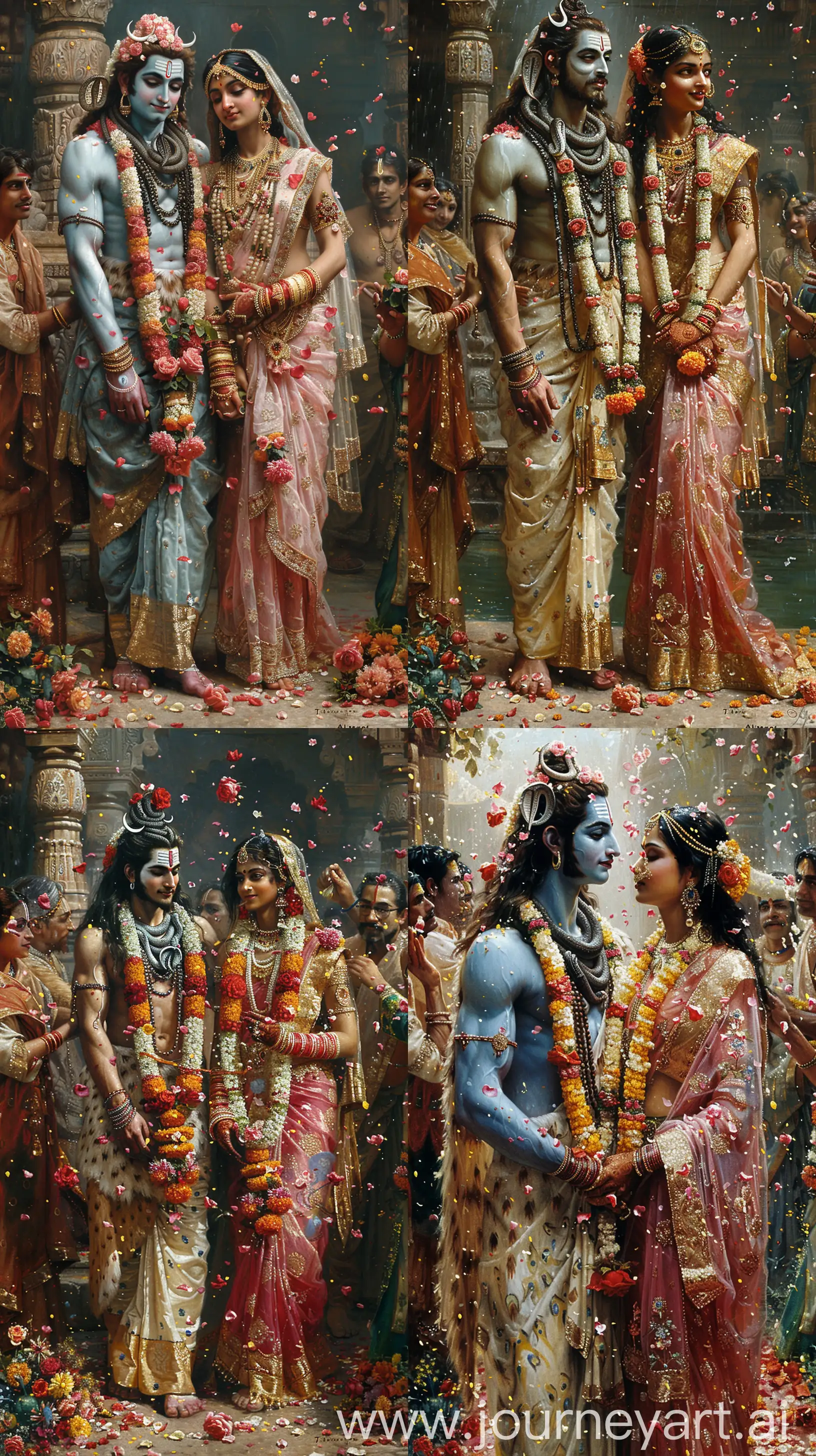 !mj1 Lavish ancient Indian wedding ceremony of Lord Shiva and Goddess Parvati, grand Shivratri festival, intricate traditional attire, onlookers showering roses and marigolds, festive atmosphere, vivid colors, detailed mural painting style, reminiscent of Ajanta cave frescoes --ar 9:16 --s 750 --v 6