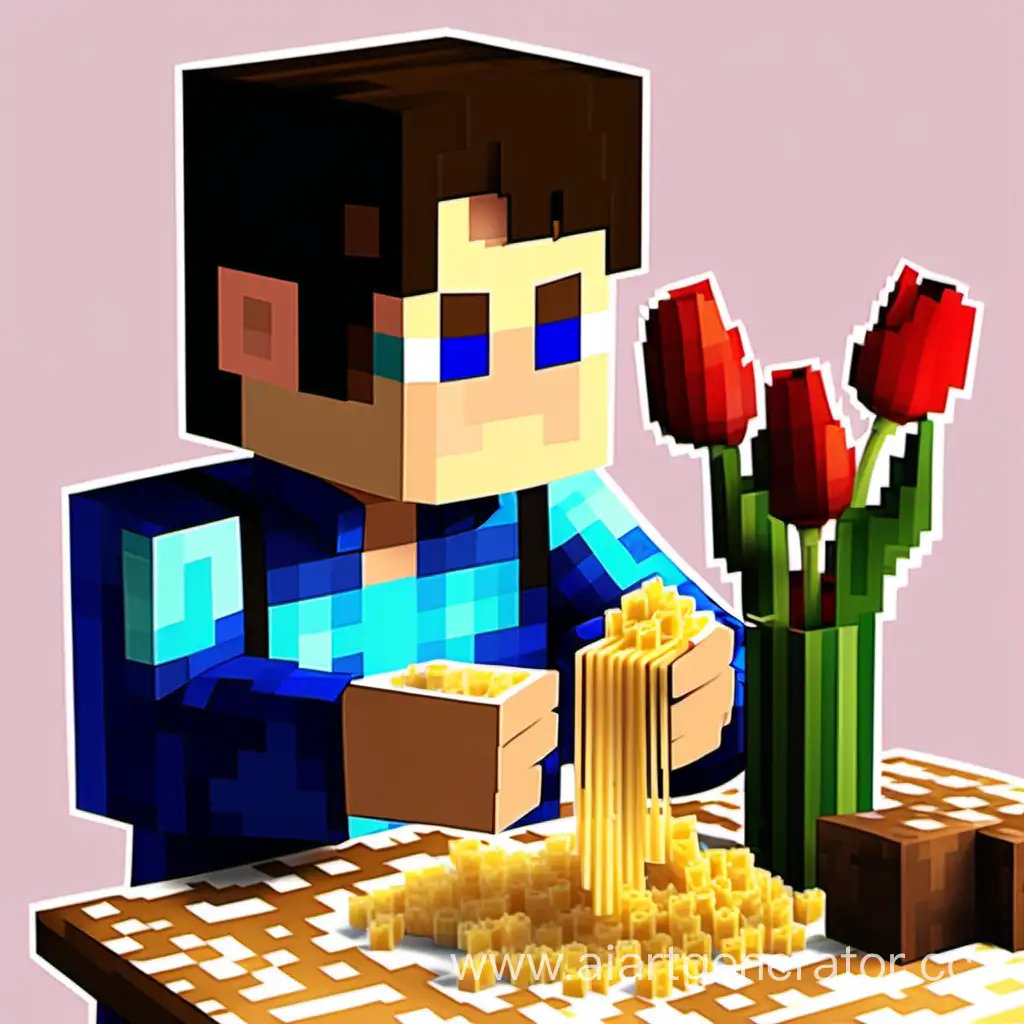 Сидит мальчик, кушает макароны с картошкой, а рядом стоит ваза с цветами, тюльпанами, всё это в стилистике Minecraft 