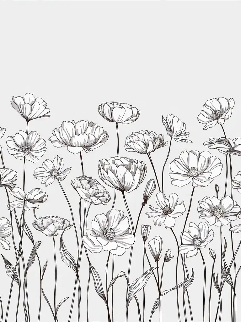 line art flowers, white background, simple design, full page, no shading