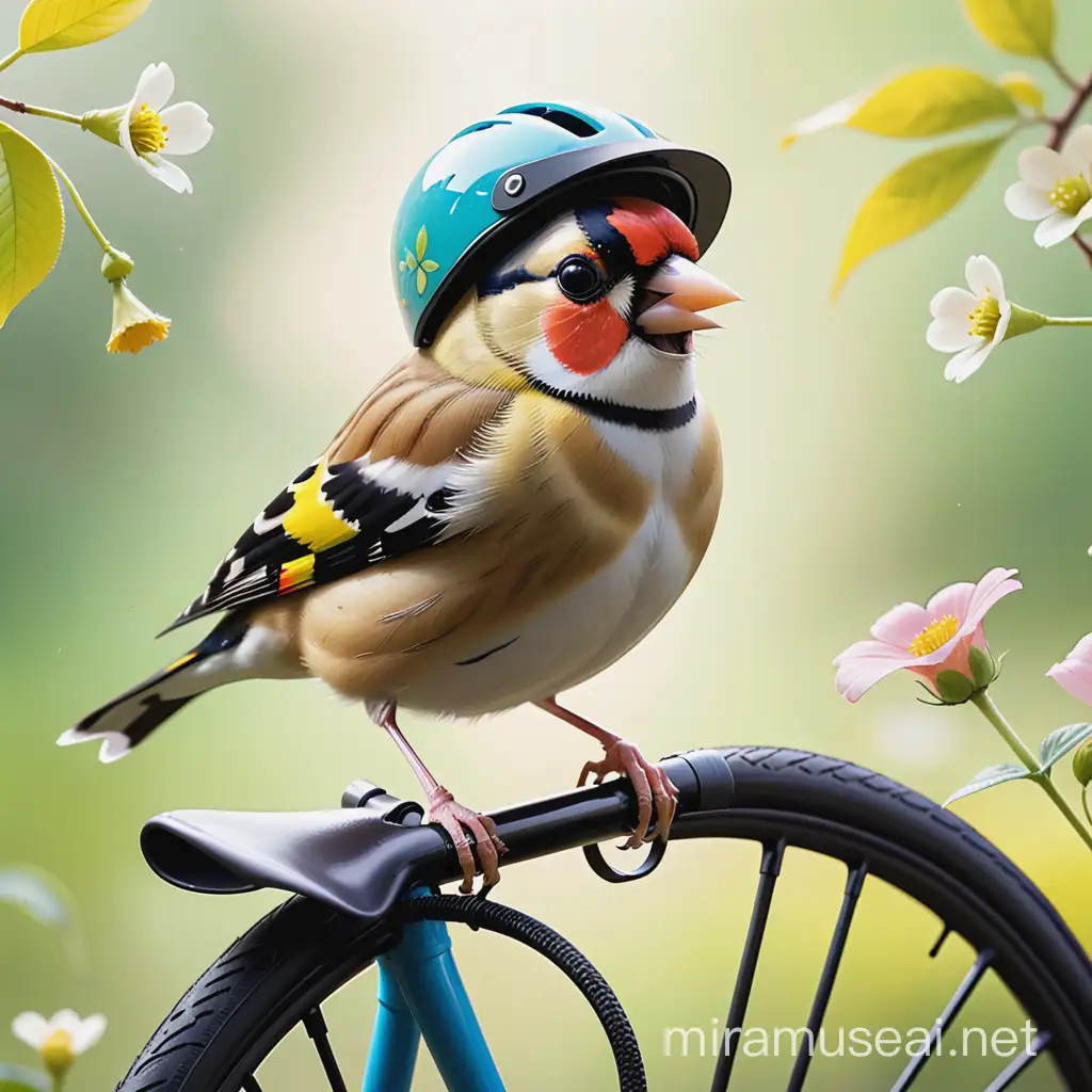 Whimsical Encounter Goldfinch Wearing Miniature Cyclists Helmet