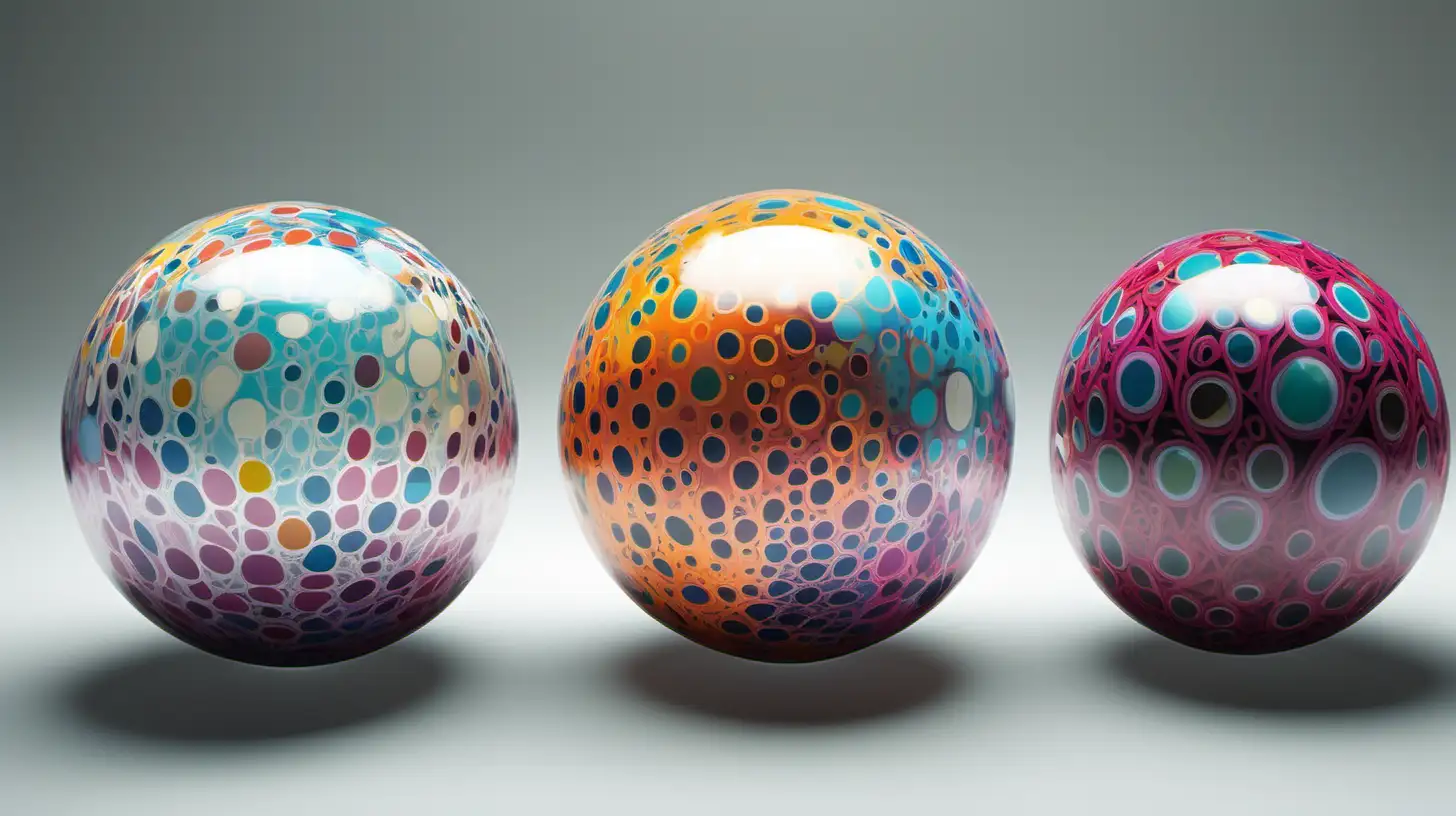 "Illustrate a species of sentient, floating orbs that communicate through the vibrant patterns on their semi-transparent surfaces, each orb representing a unique personality."