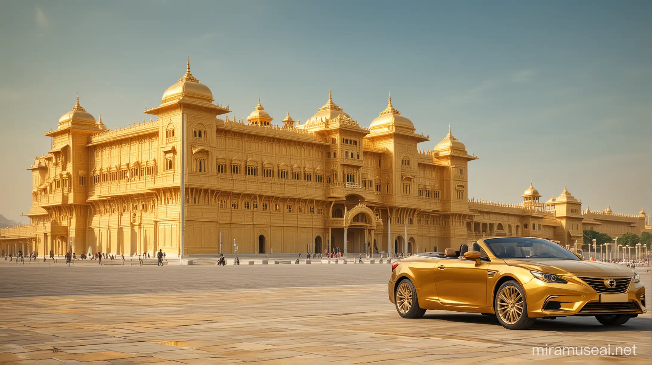Golden Palace with Luxurious Golden Car Parked Outside