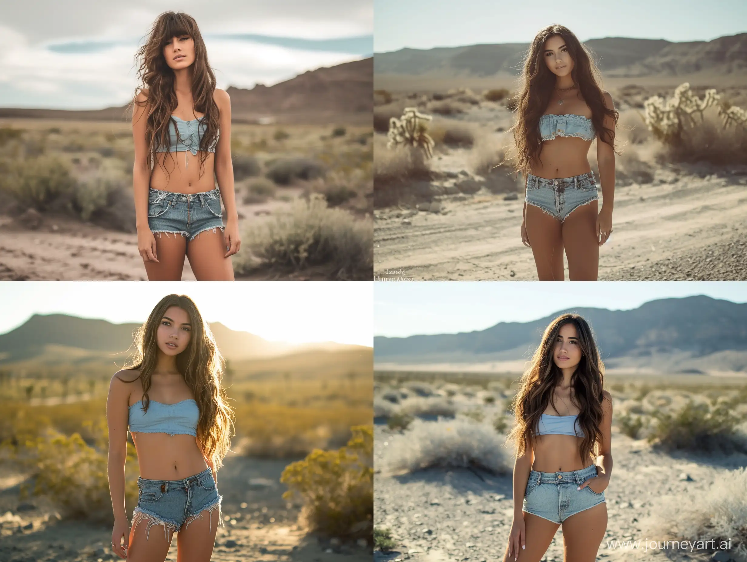 beautiful spanish woman standing in desert valley, wearing shorts and short blue top, long brown wavy hair, 