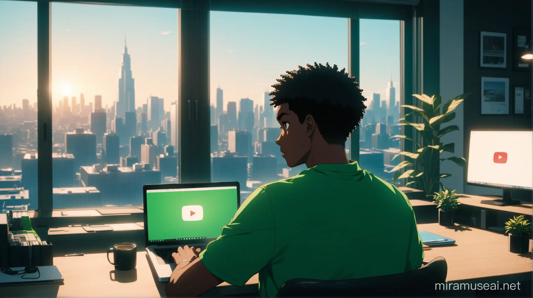 YouTube thumbnail. An animated avatar of a young black man who is sitting at his work desk in his apartment. There's a laptop on the desk and you can see the city view behind. He is also facing the direction of the camera.  Green aesthetic. High quality. Cinematic 