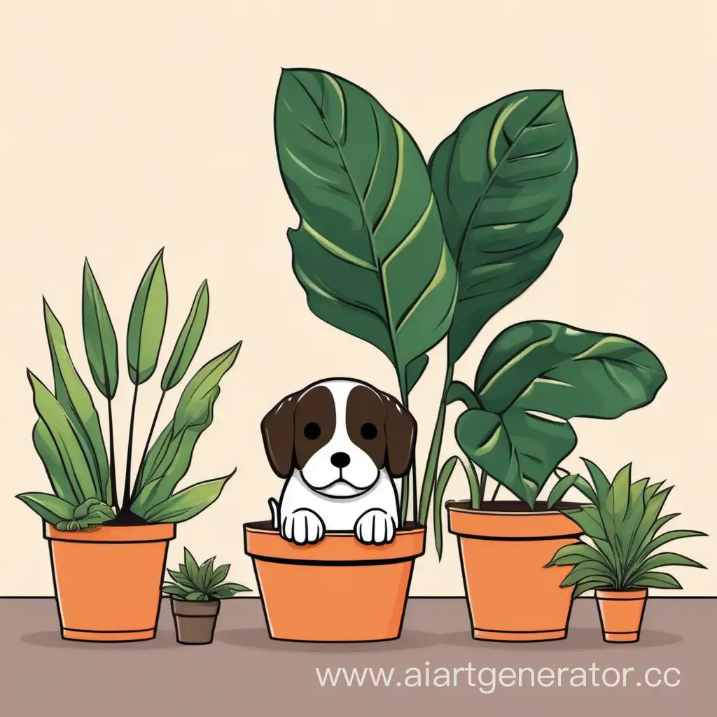 Adorable-Dog-with-Potted-Houseplant-Playful-Canine-and-Lush-Foliage