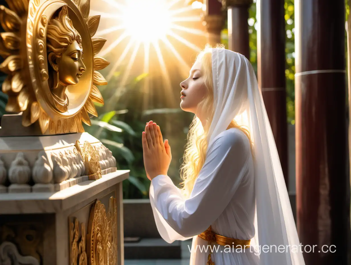 A girl with golden hair wearing a white dress and white veil praying to the goddess of the Sun in temple