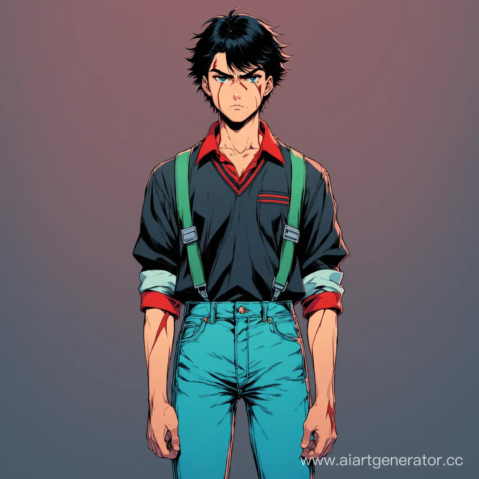 guy, tall, serious, gloomy, big scar on his face, short black hair, blue eyes, school uniform in the style of the 80s, jeans, green and red colors