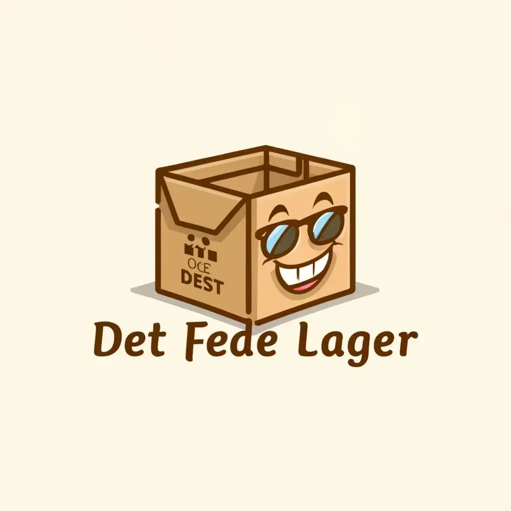 a logo design,with the text "Write "DET FEDE LAGER" in danish as provided", main symbol:A cool cardboard shipping box with a face on it with sunglasses and logo name written on it,Moderate,be used in Internet industry,clear background