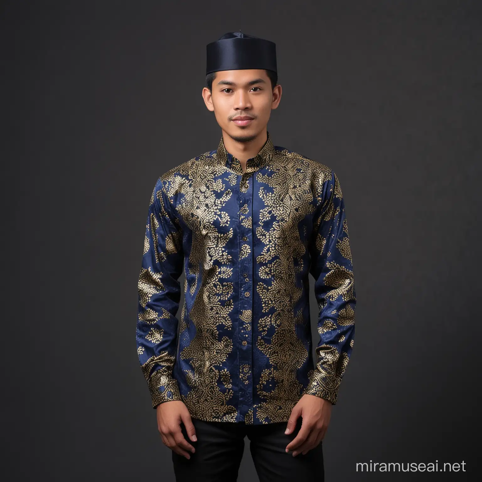 Seorang pria muda belia, wajah indonesia, memakai baju mewah biru navi batik emas,memakai songkok,busana muslim, baiground layar hitam foto studio,
Full body
