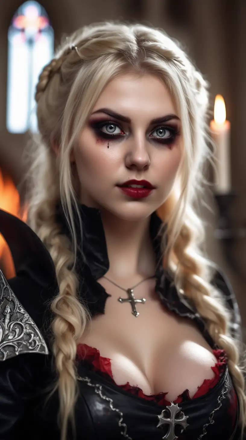 Beautiful Nordic woman, very attractive face, detailed eyes, big breasts, dark eye shadow, messy blonde hair, wearing a vampire cosplay outfit, close up, long vampire fangs,  glowing eyes, bokeh background, soft light on face, rim lighting, facing away from camera, looking back over her shoulder, standing in a Catholic Church on fire, photorealistic, very high detail, extra wide photo, full body photo, aerial photo