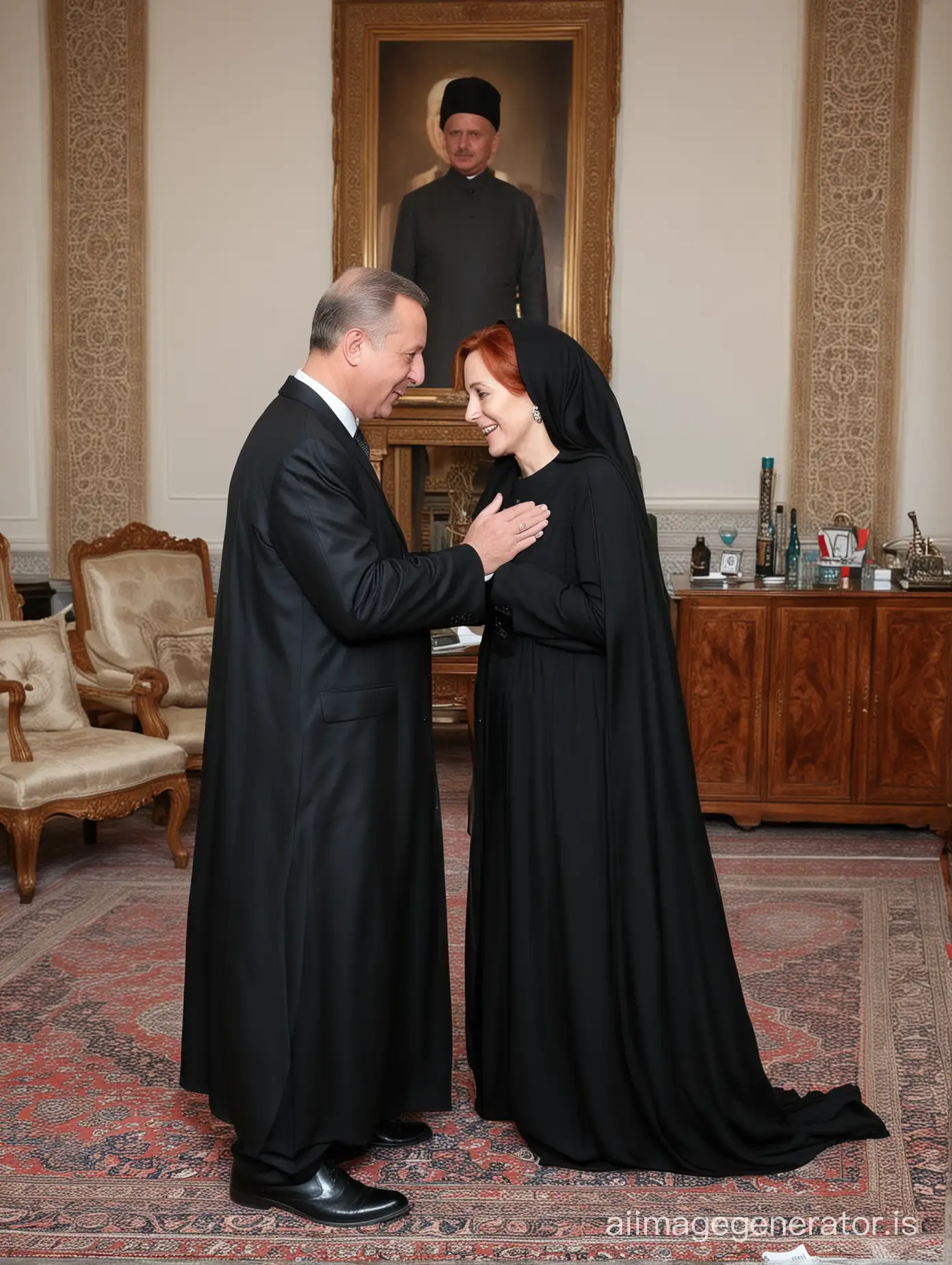 Gillian-Anderson-Embraced-by-President-Erdogan-in-Black-Jilbab-and-Hijab