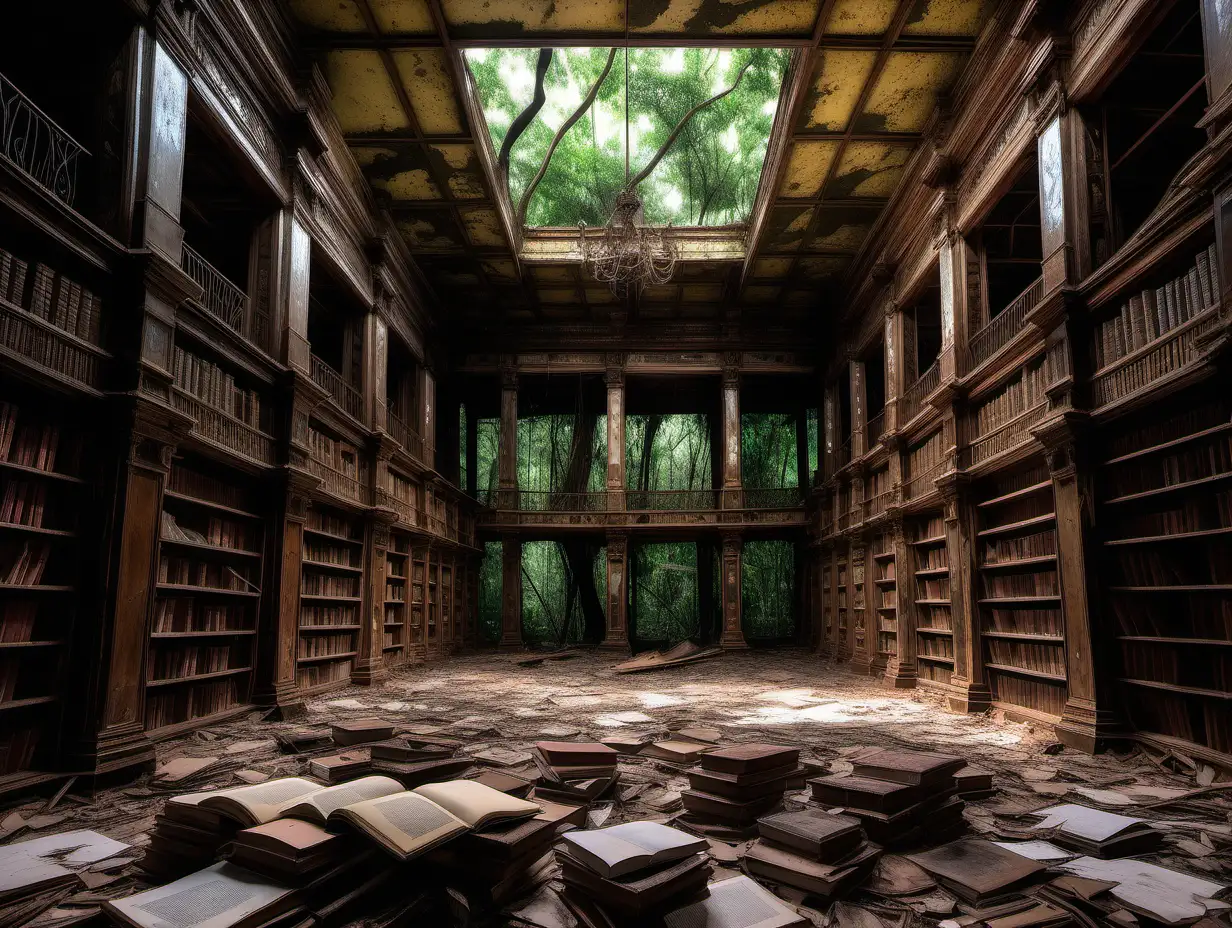 inside of an abandoned forgotten library in the Amazon forest Frank Frazetta style