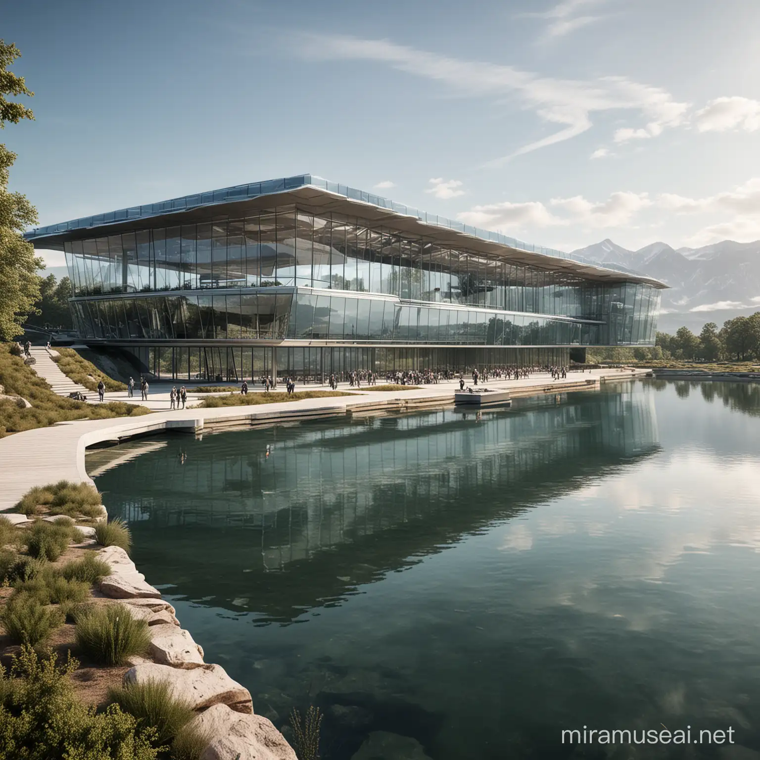 a complete futuristic superstructure  linking four conference building designs with glass walls with a lake view 
 