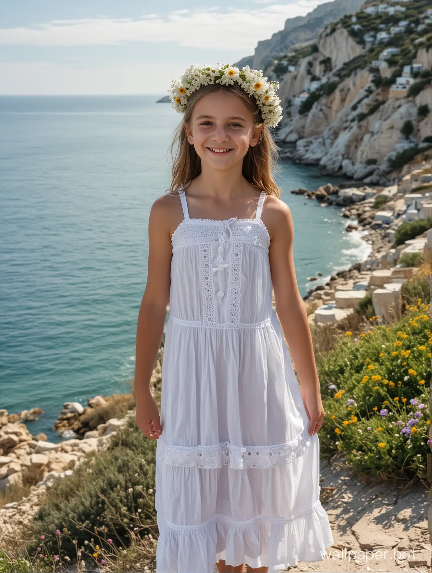 Smiling-11YearOld-Girl-in-Crimea-with-Flower-Wreath-and-Sea-View