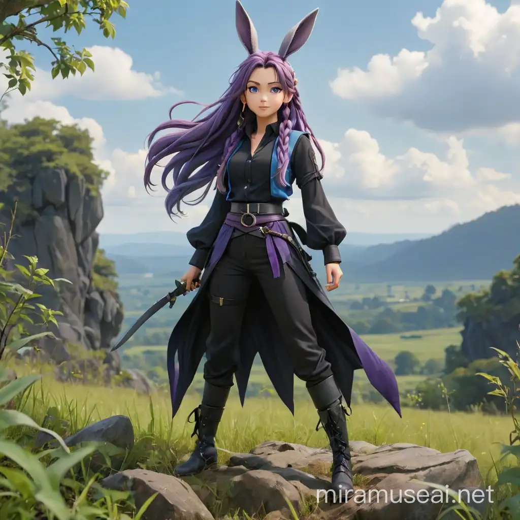 A humanoid with rabbit ears with long purple and braided hair,  wearing a black and blue long-sleeved blouse with a black vest, with a black belt with two daggers, black pants, high black boots, standing in standing on a rock in an open field with undergrowth, anime