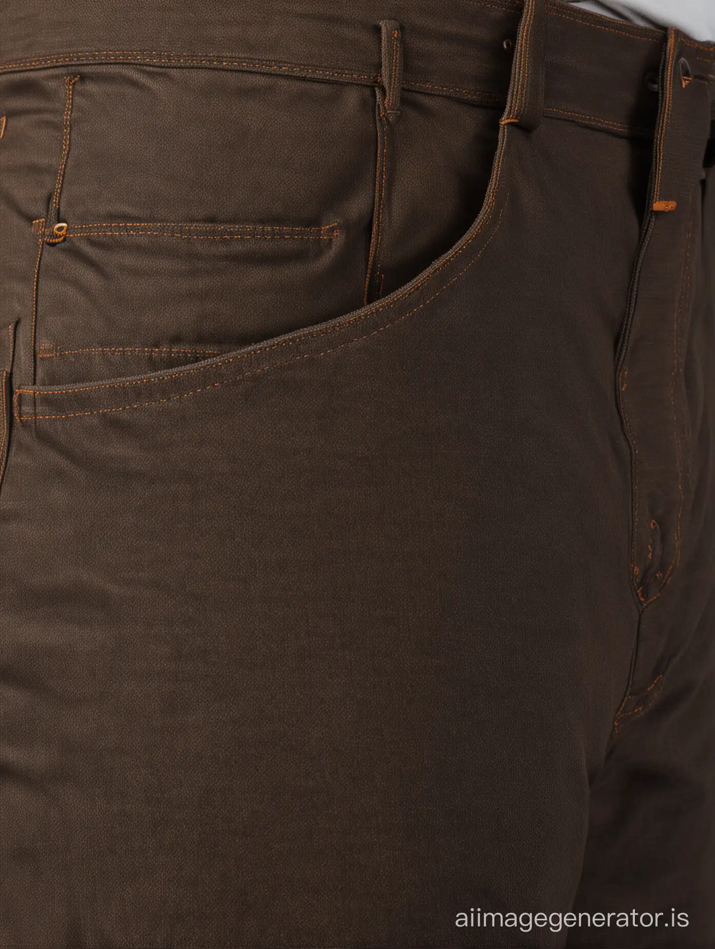 A sharp looking pair of Dark & Light Brown jeans with an enzyme wash having extra utility pocket on the right hand side, focus on trouser look and fabric textures with Dutch angle view.