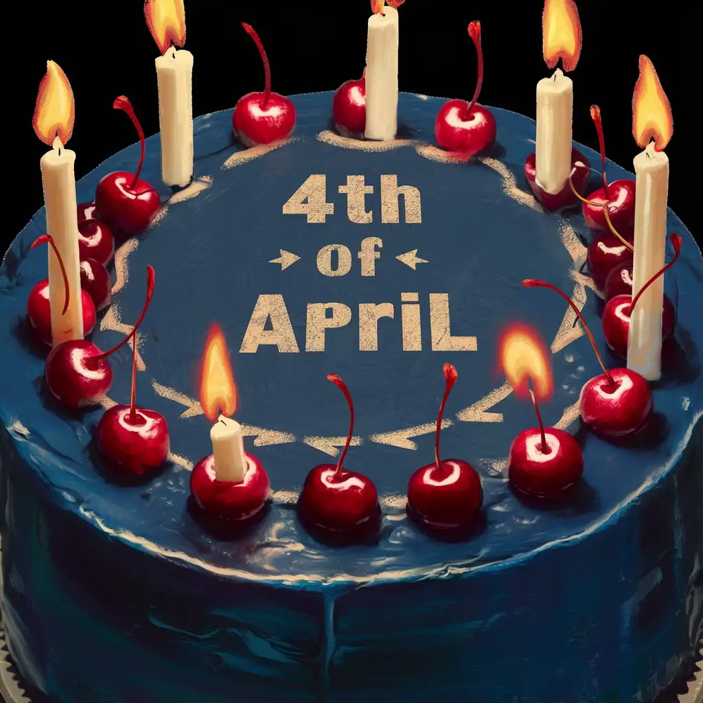 тёмно-синий торт со свечами и вишенками и надписью "4th of april"