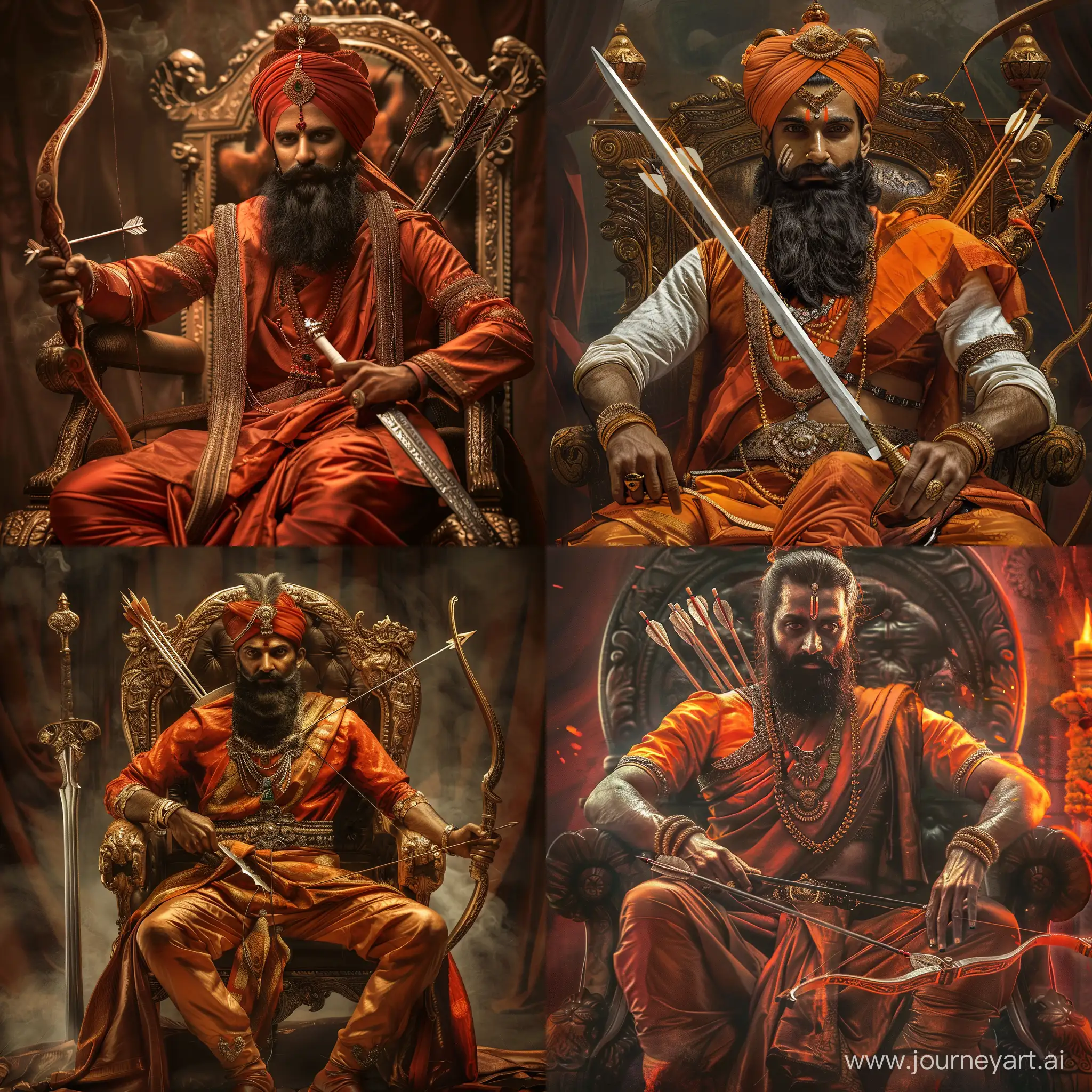 chatrapati shivaji maharaj with beard, sword, bow and arrow, throne
