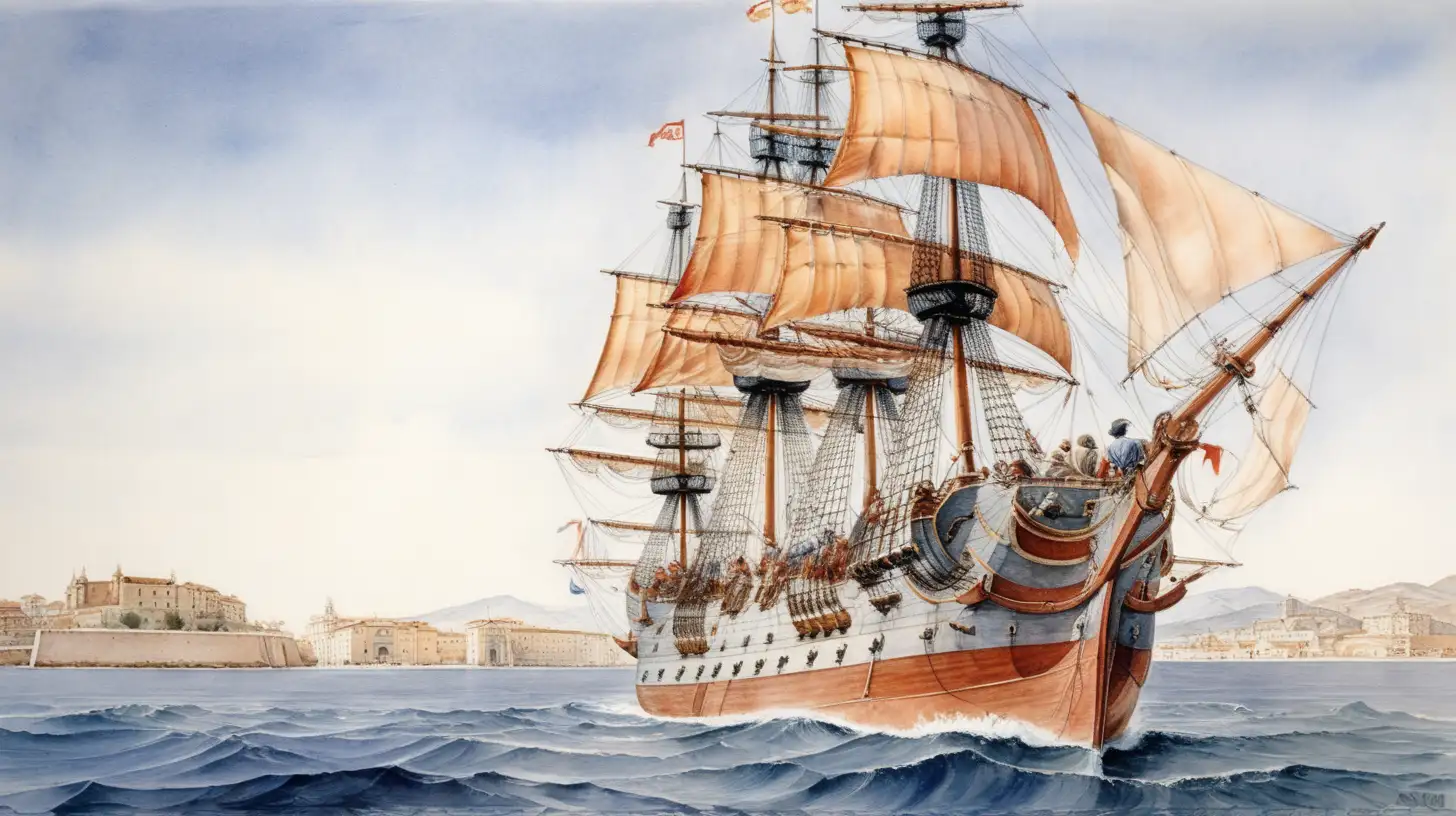 Spanish Warship in 16th Century Waters Milo Manaras Enchanting Watercolor Illustration