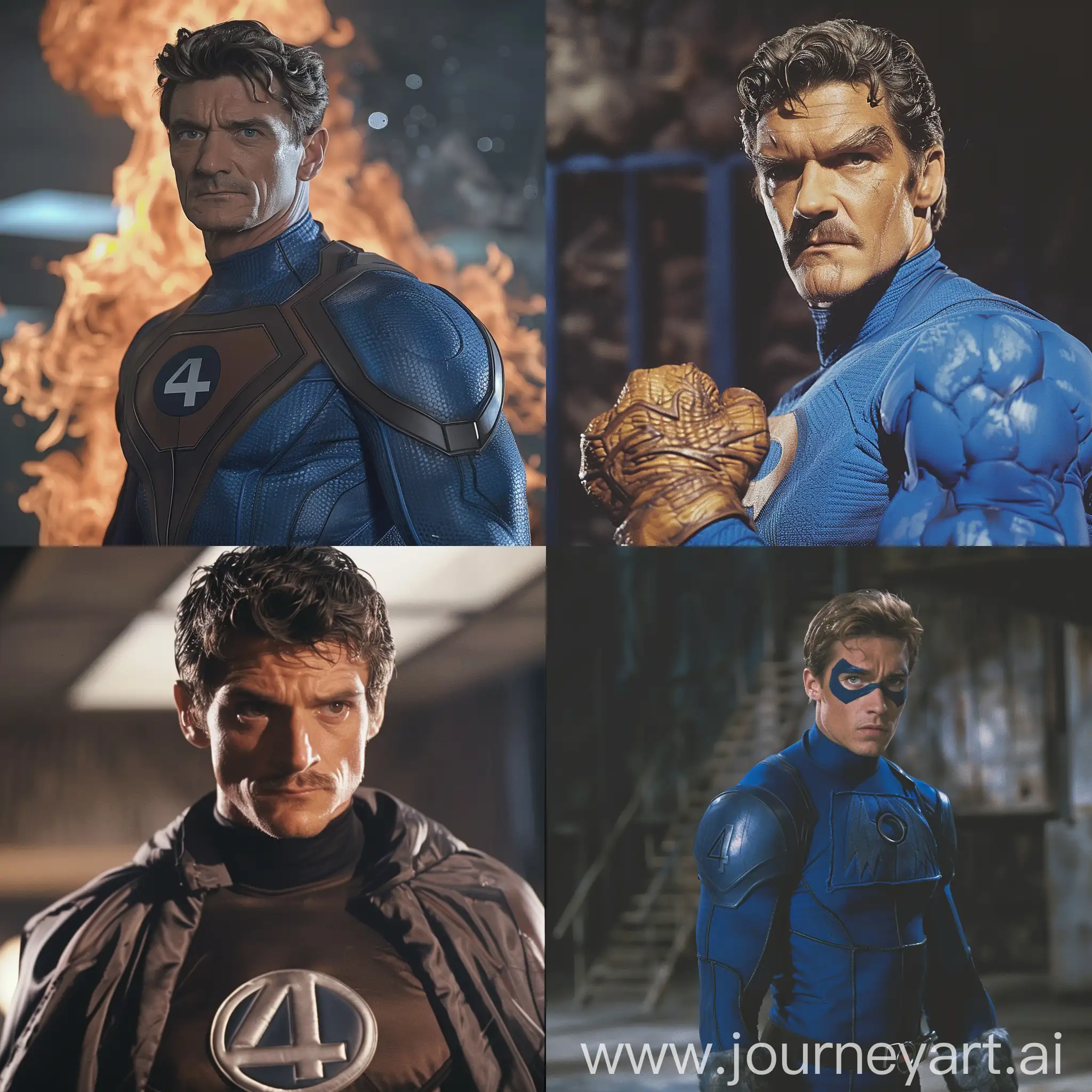 Pedro Pascal as Mr Fantastic  in Fantastic 4 genre film, dvd screenshot from marvel film, superhero costume and 80s anime film composition