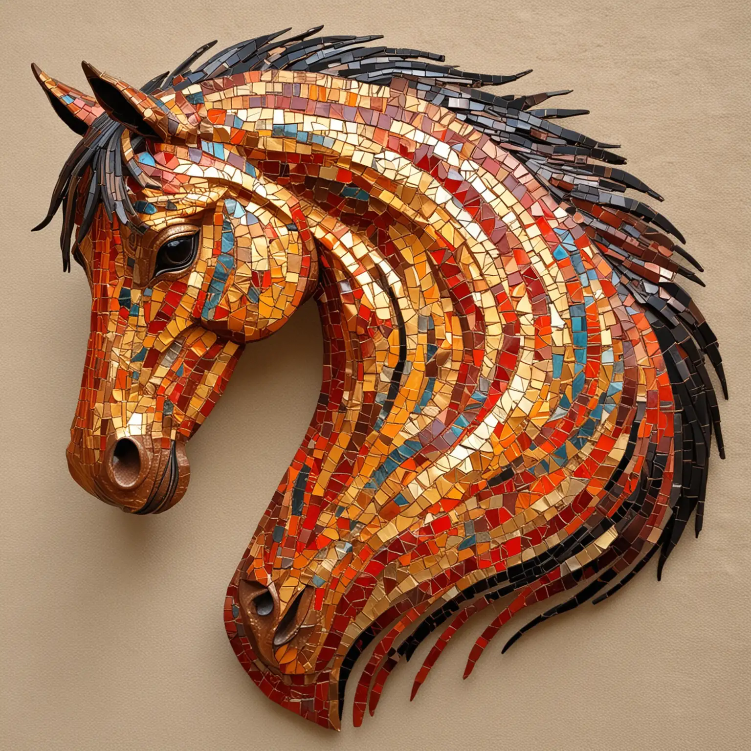 horse with mosaic skin pattern, lively fire colors, gold shimmering, fire mosaic art 