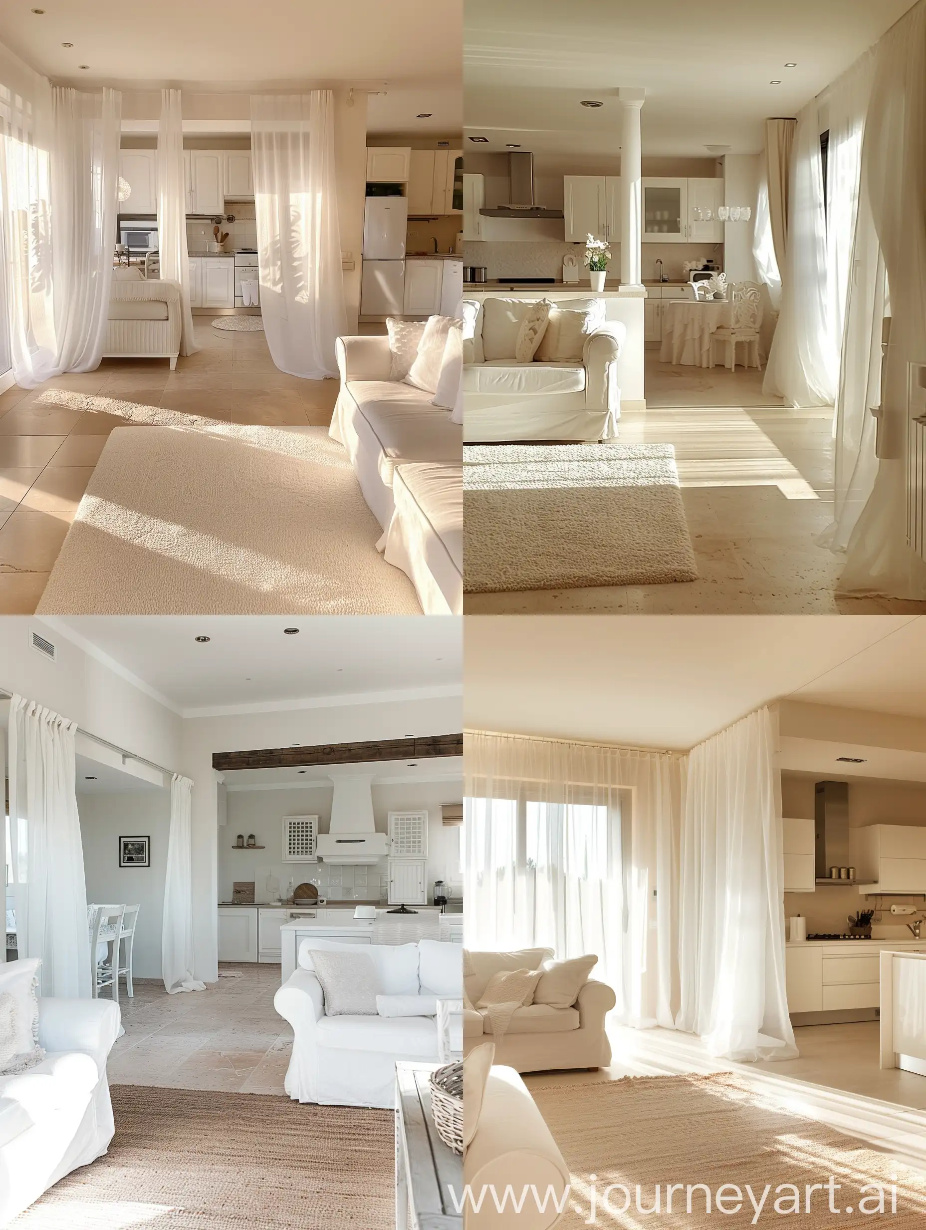 Vista laterale soggiorno con cucina, mobili bianchi, luce del mattino calda, tappeto bianco, pavimento gres beige. Accessori bianchi, tende di organza bianca