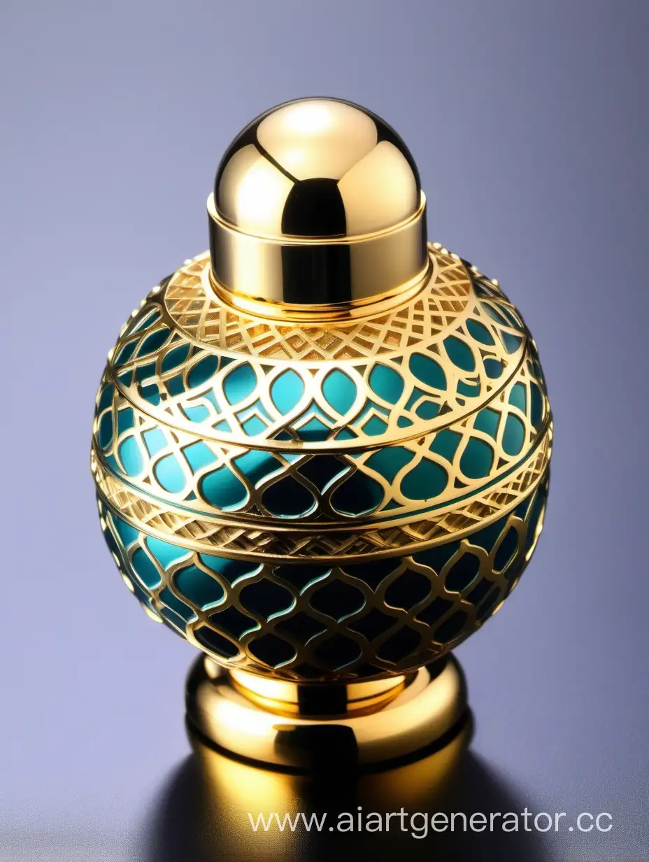 Luxury Plastic Perfume decorative ornamental long cap, gold color with black and dark green blue border line arabesque pattern round shaped metallizing finish with big gold ball on top