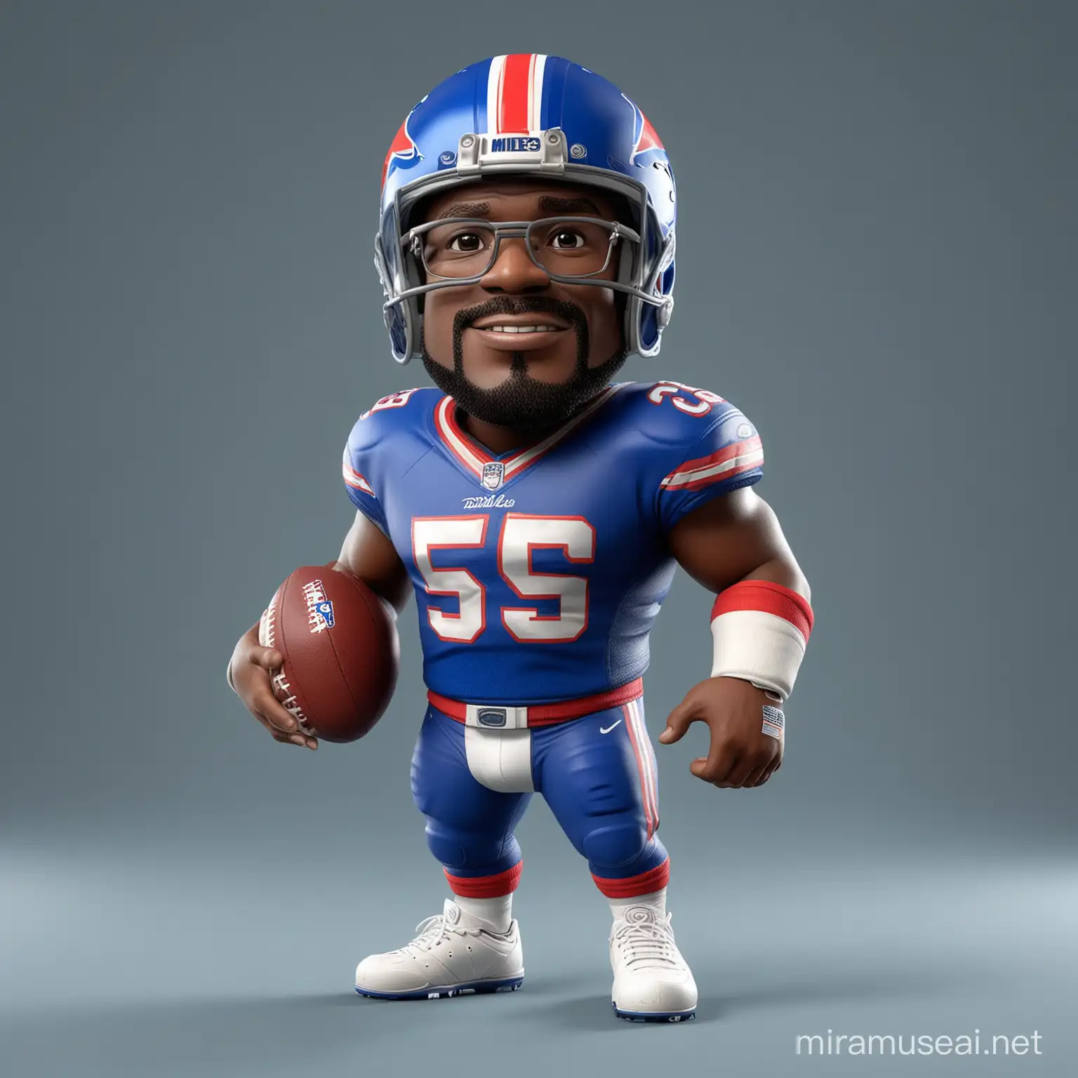 a cute 3d rendered nfl player looks like von miller, wearing american football helmet and Buffalo Bills kit, standing pose, cartoon style