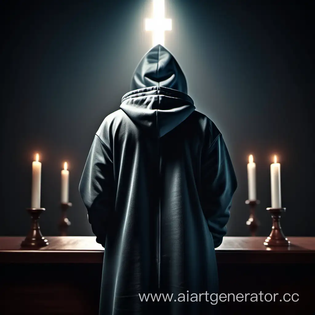 Christian priest with hoodie praying to the altar, photorealistic, photo taken from behind