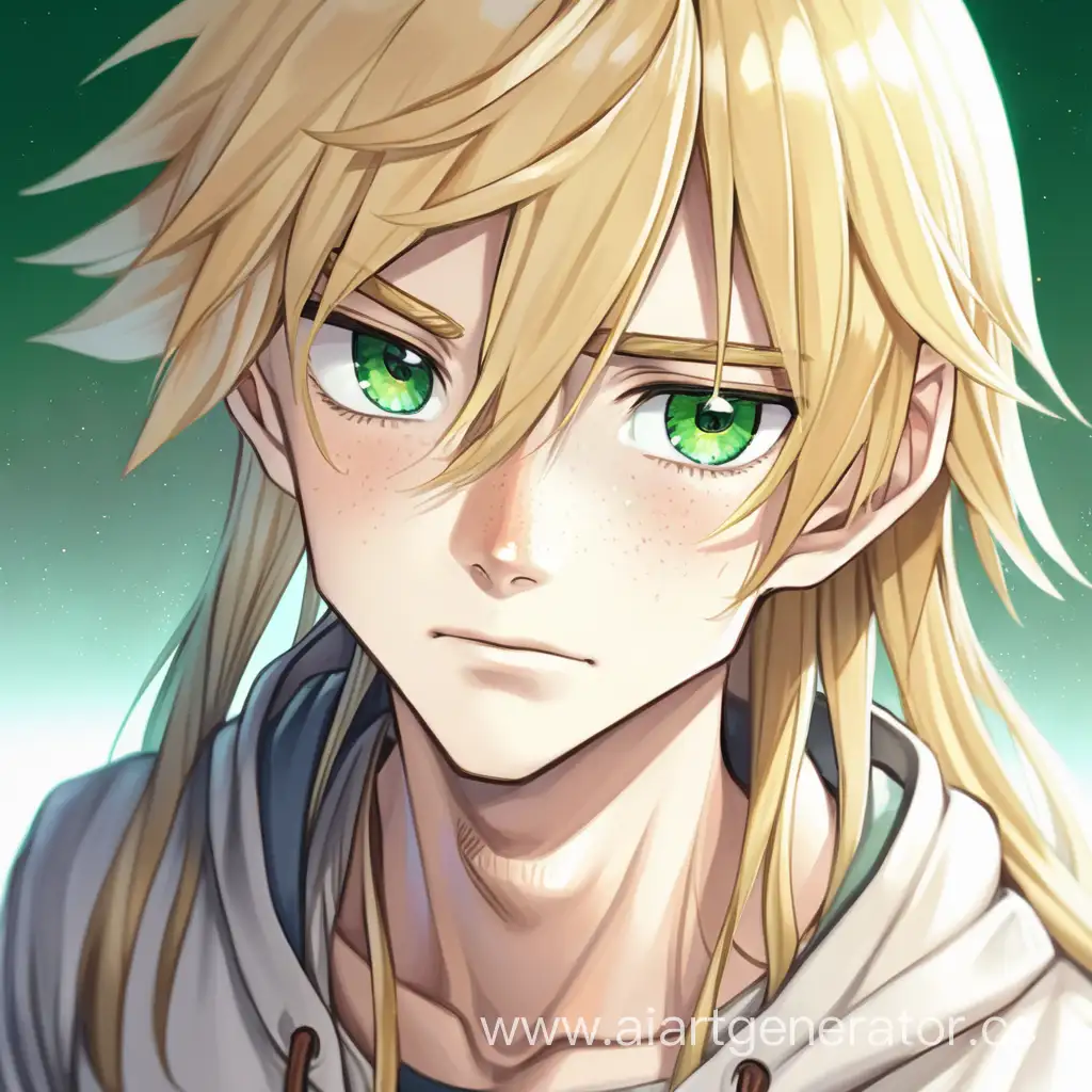 anime teenager boy  blond long hair green eyes freckles