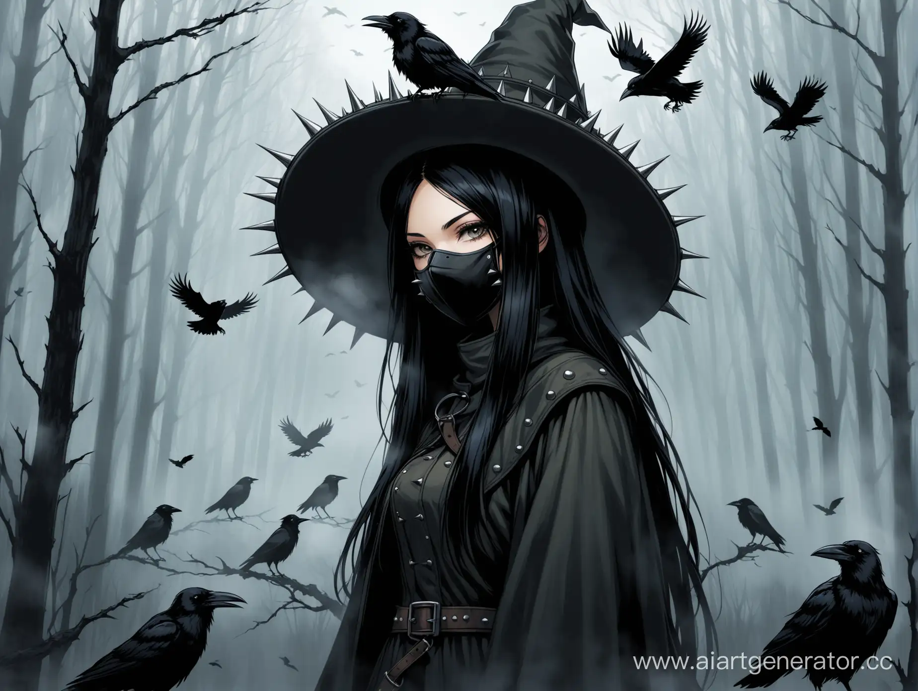 Девушка длинный черные волосы с шляпой котелком в маске с шипами на фоне туманный лес и вороны