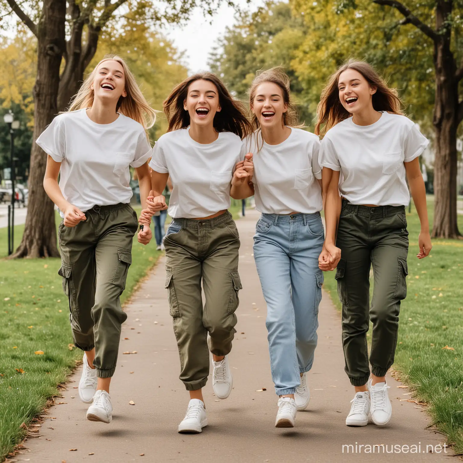 boy and girls teenagers having fun wearing a crewneck tshirt runing in the park wearing cargo pants