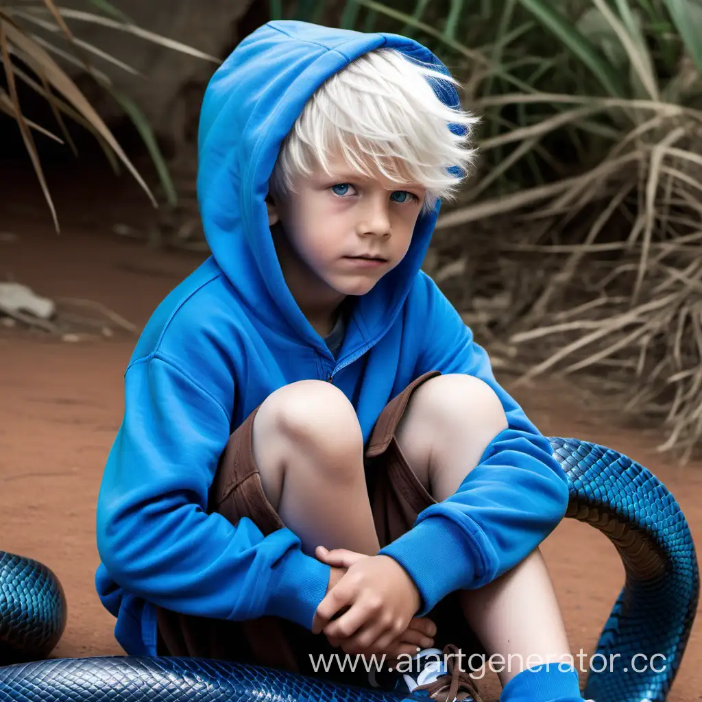 A 10-year-old boy with white shaggy hair and blue eyes, He is sitting next to a huge blue snake, he is wearing a blue hoodie and brown shorts, He's thin