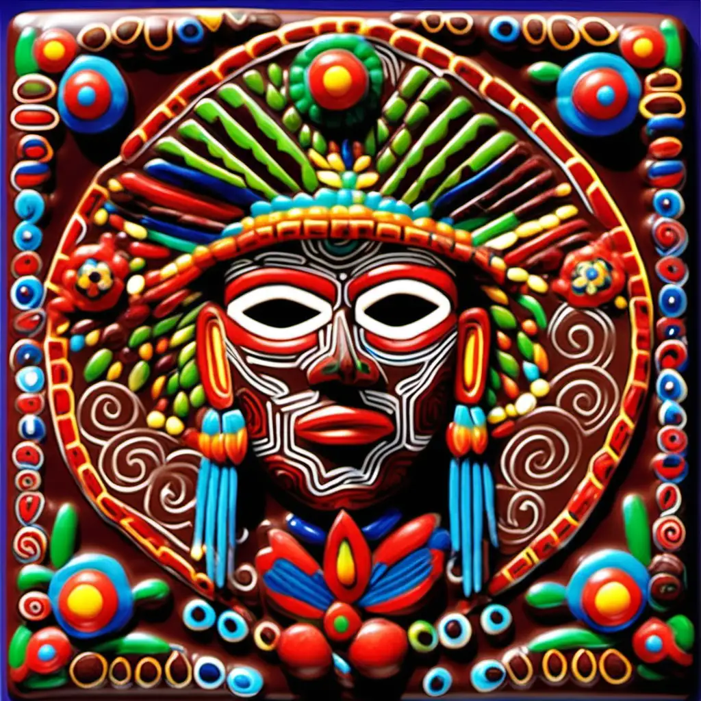 Arte huichol sobre chocolate y cacao. With a masked shaman. 
