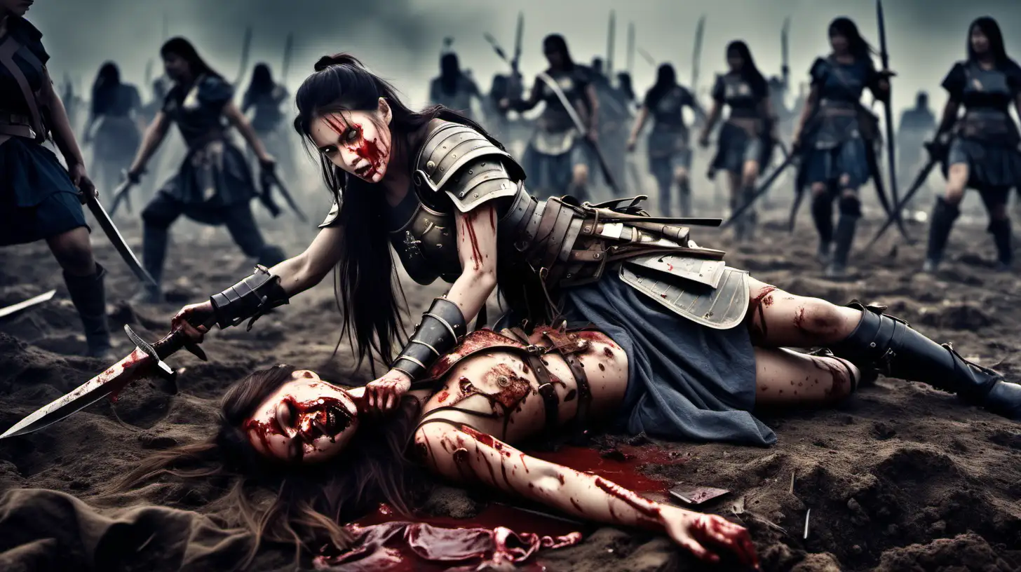 Imagen de  hermosas mujeres guerreras muertas caidas en el piso en el campo de batalla sangriento, rostros de las mujeres guerreras es bello
