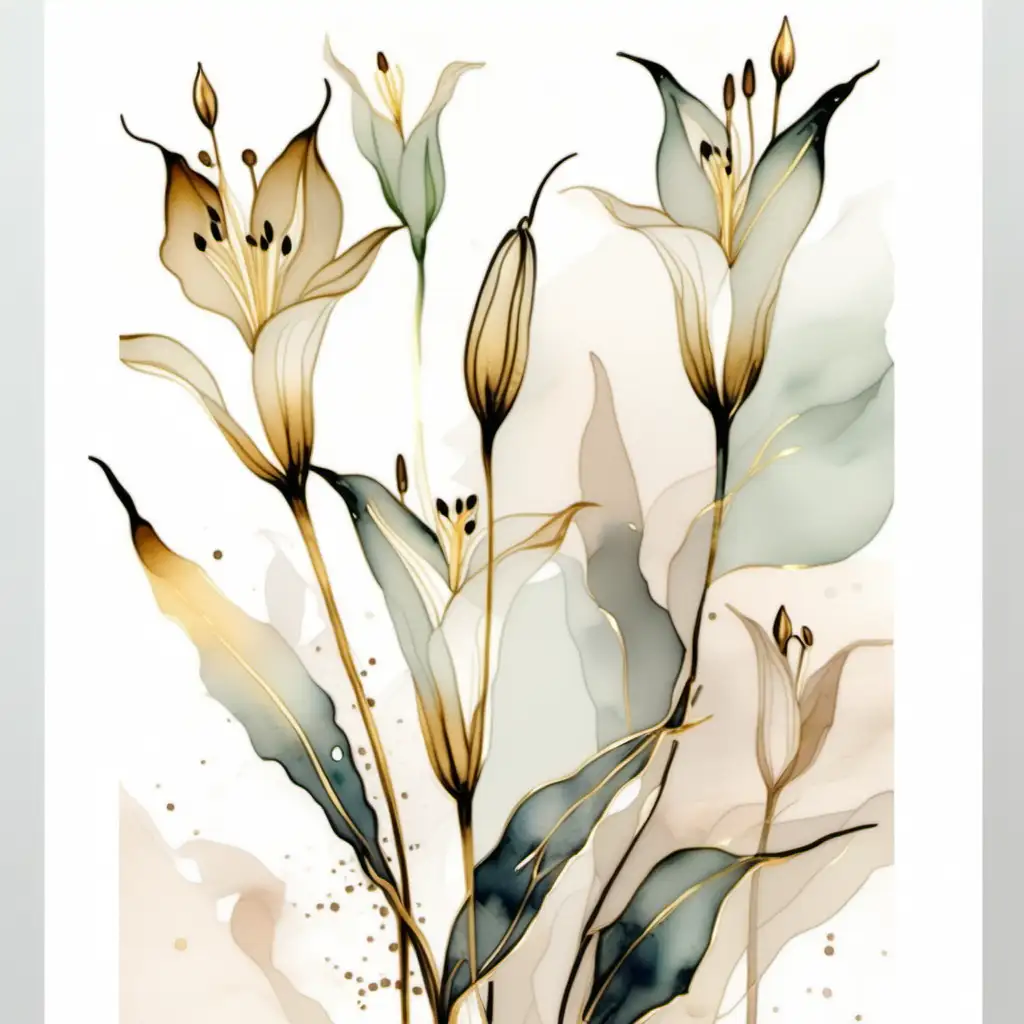 Delicate lily   buds, magnificent, muted watercolor and alcohol ink with gold accents., poster, painting, illustrationv0.2