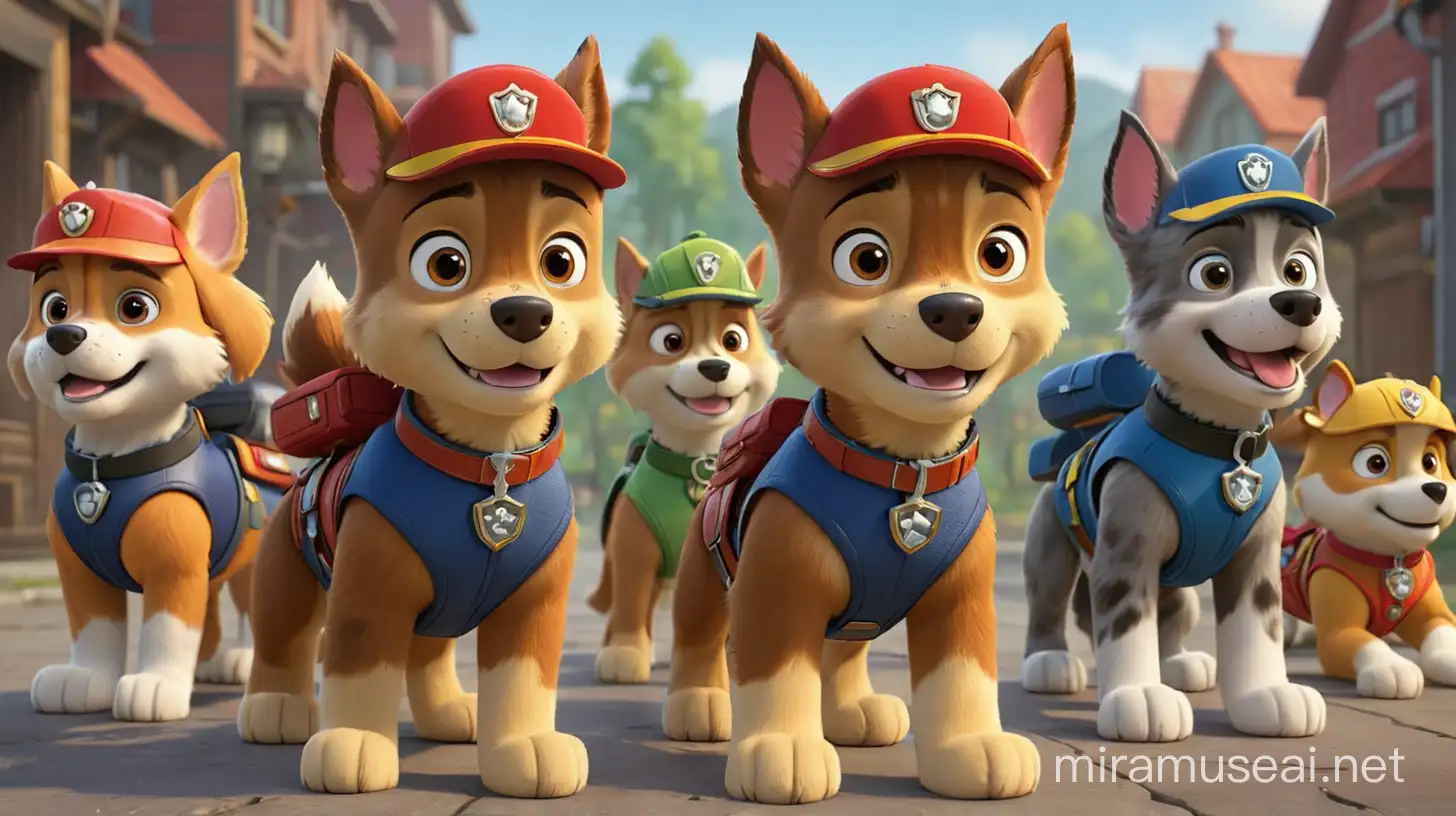 paw patrol characters , realistic, super powers, dogs