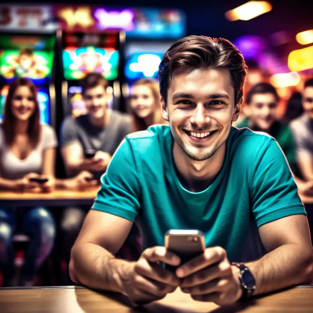 A smiling man sitting at a table holding a smartphone, looking straight forward, background is a blurred crowd of people in a gaming arcade; vivid scene