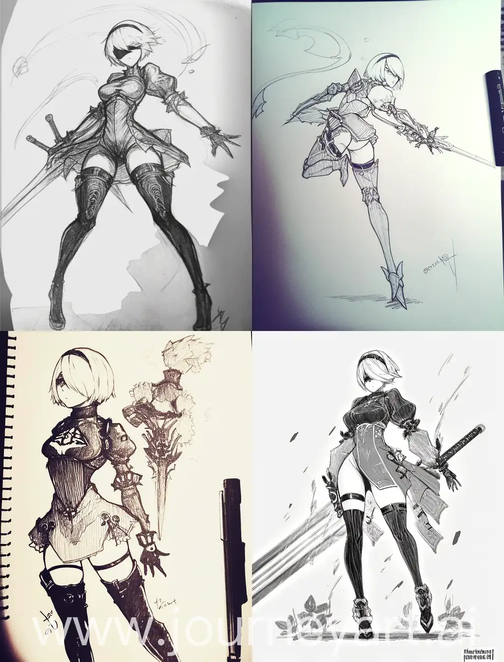 A full body pinterest art sketch of 2B from nier automata