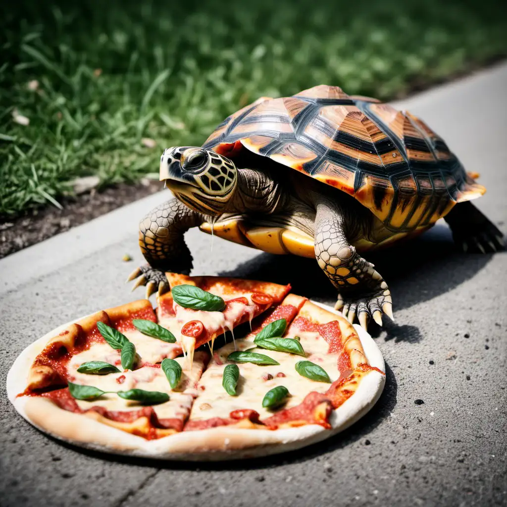 Hungry Turtle Enjoying a Delicious Pizza Feast