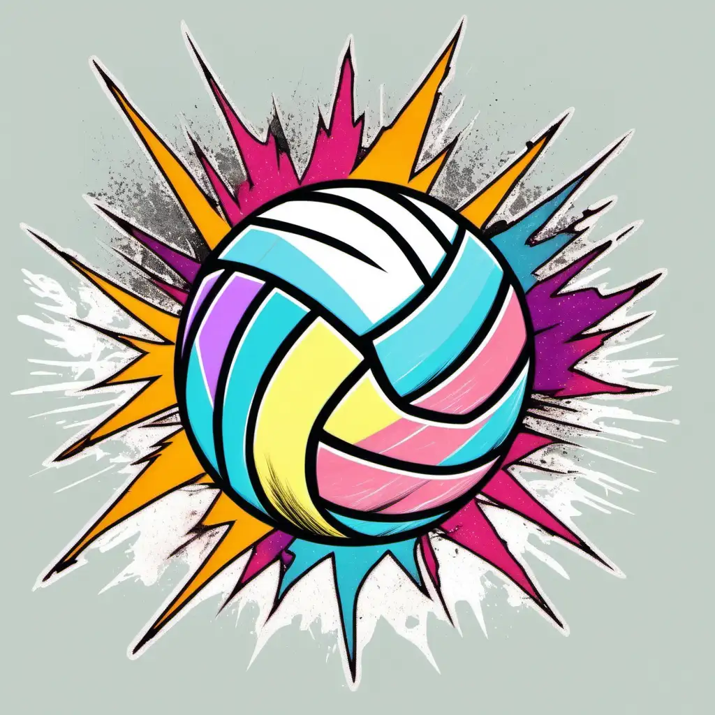 Vibrant Pastel Volleyball Game with Distressed Lightning Bolt
