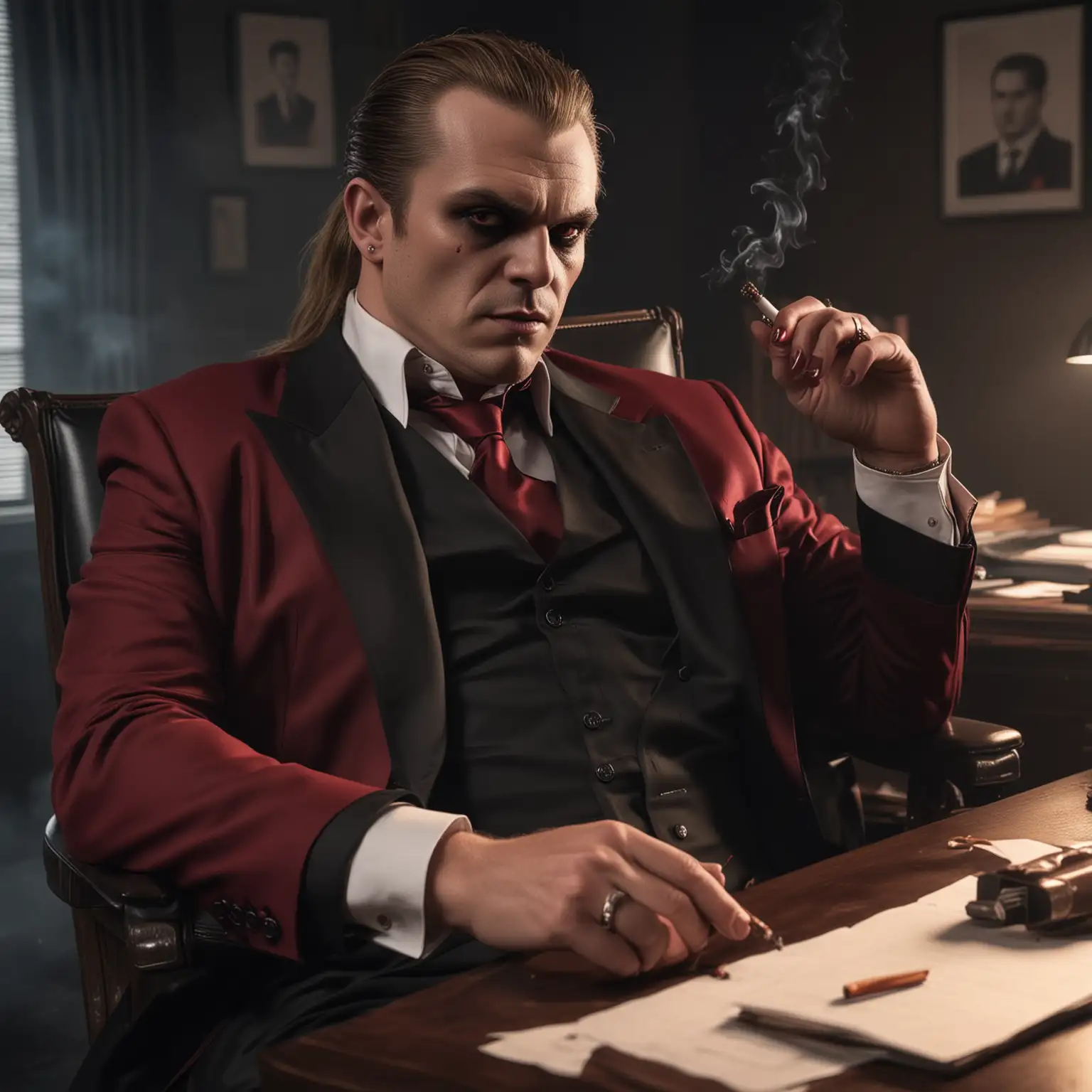 A male Gangrel vampire, mafia boss, red eyes, wearing a deep red suit, black dress shirt, sitting in a dark room with a desk and an office chair, smoking a cigar, overweight, ponytail, smirk on his face, realistic