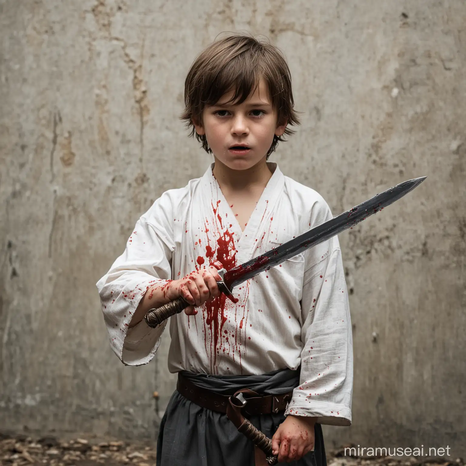 young boy bleeding from his hand holding a sword