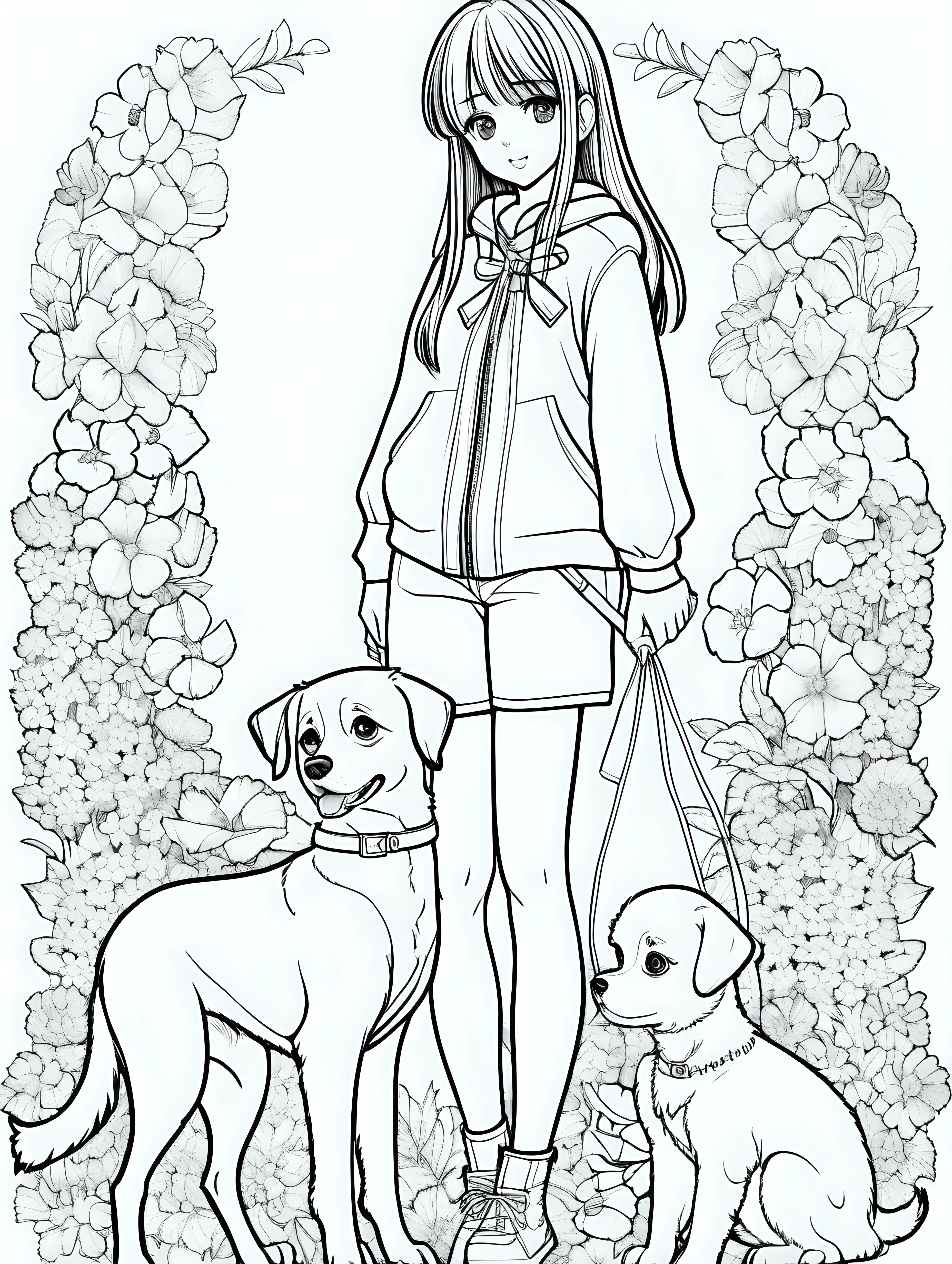 adult coloring page, young manga-anime-girl with one dog and flowers, full body, white background