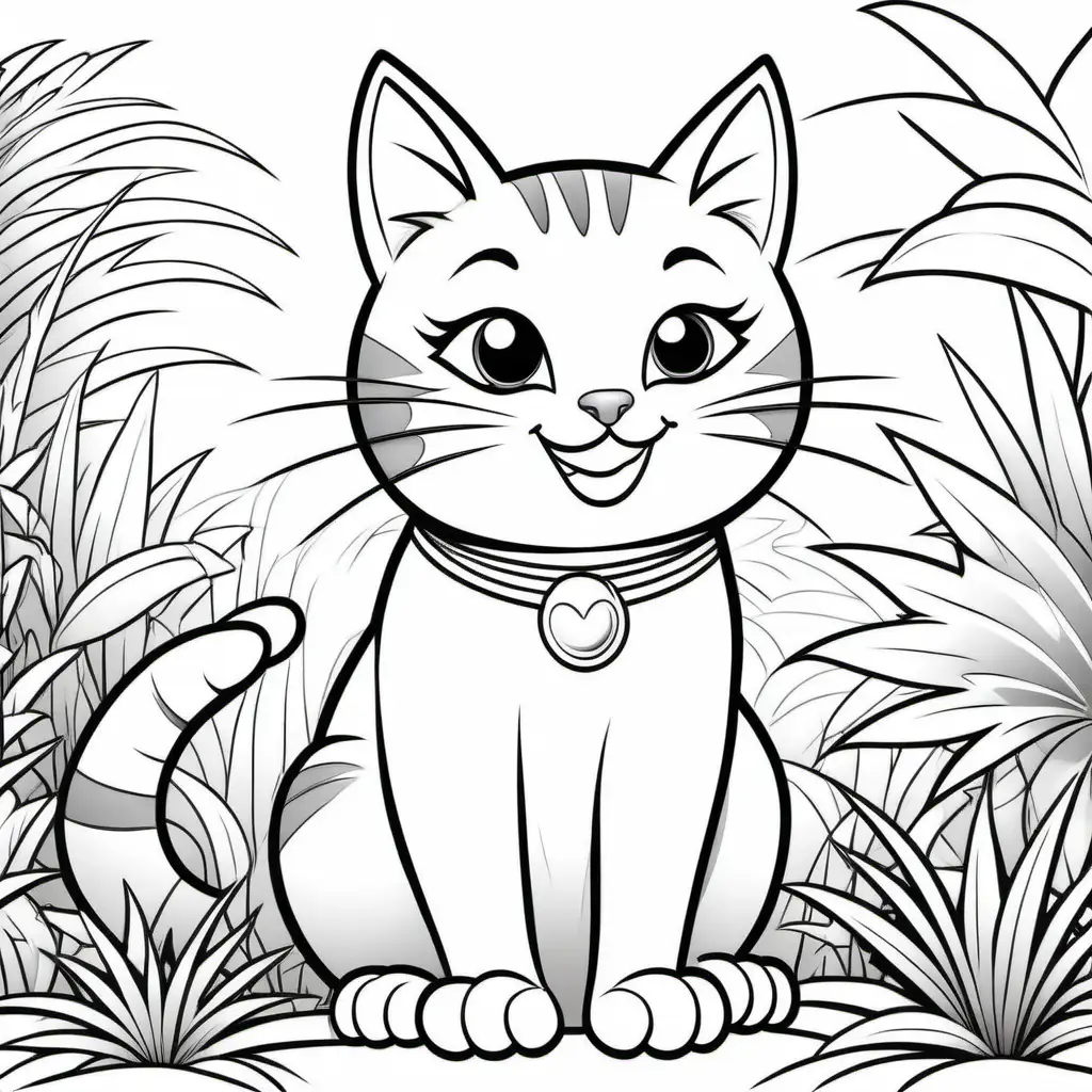 Create a coloring book page for 1 to 4 year olds. A simple cartoon cute smiling friendly faced Cat and its friendly faced parents with bold outlines in their native enviroment. The image should have no shading or block colors and no background, make sure the animal fits in the picture fully and just clear lines for coloring. make all images with more cartoon faces and smiling