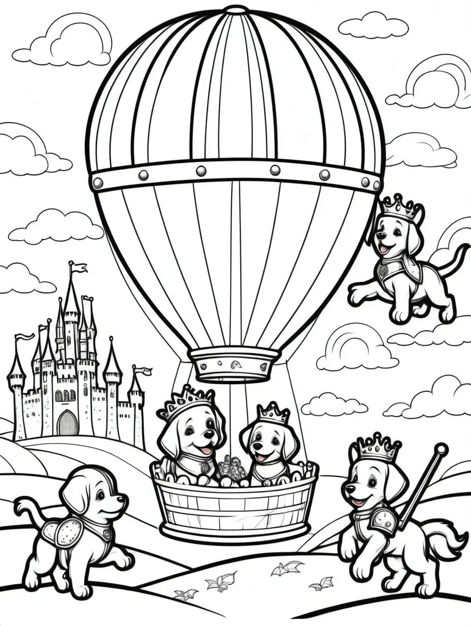 Coloring book page for young child, Puppies in a Balloon Festival: Puppies at the Medieval Fair: Puppies dressed as knights and princesses, exploring a medieval fair with castles, jousting, and dragons, no bleed, Coloring Page, black and white, line art, white background, Simplicity, Ample White Space. The background of the coloring page is plain white to make it easy for young children to color within the lines. The outlines of all the subjects are easy to distinguish, making it simple for kids to color without too much difficulty