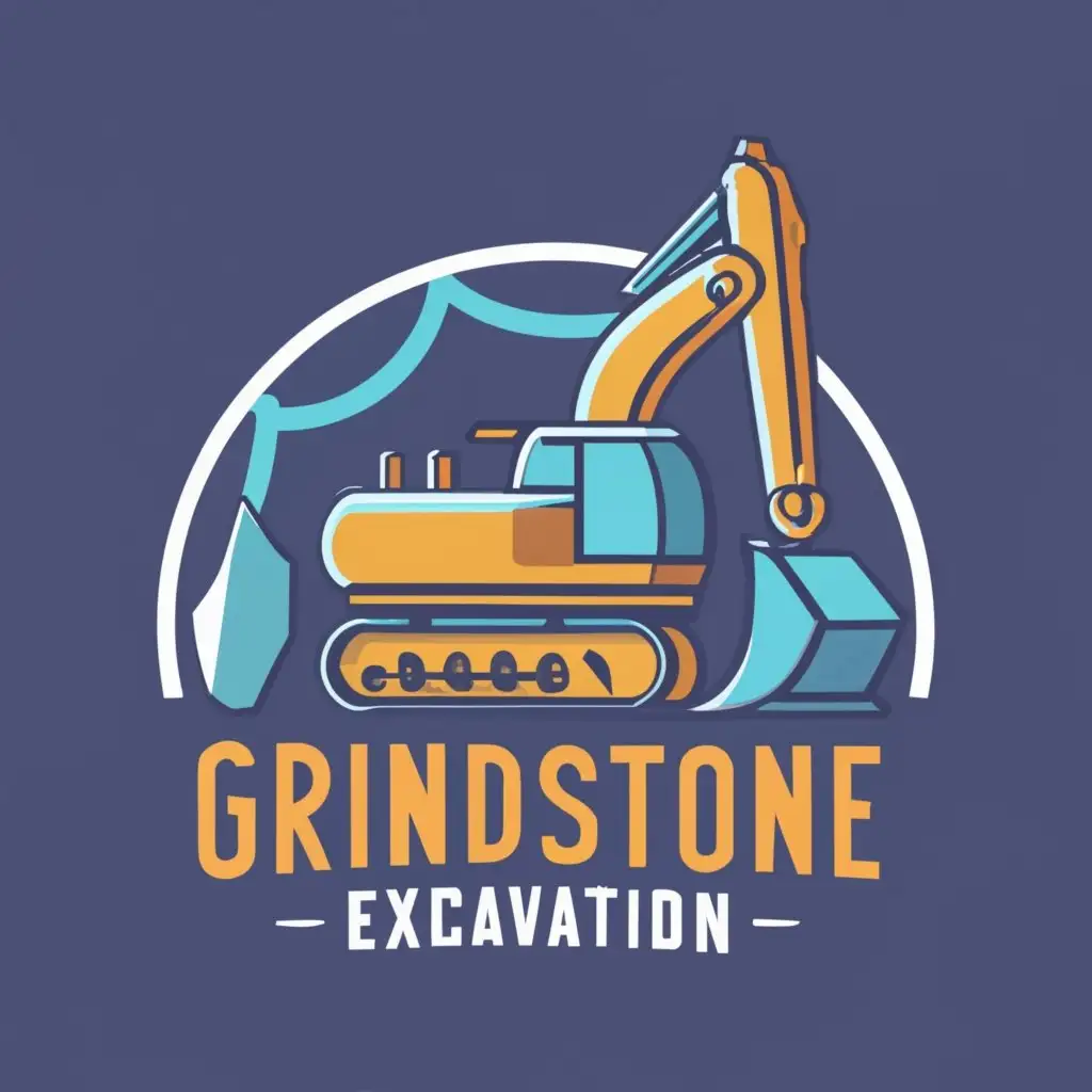 logo, excavator, excavator bucket, grindstone around them, with the text Grindstone Excavation, inside the excavator tracks, be used in Construction industry