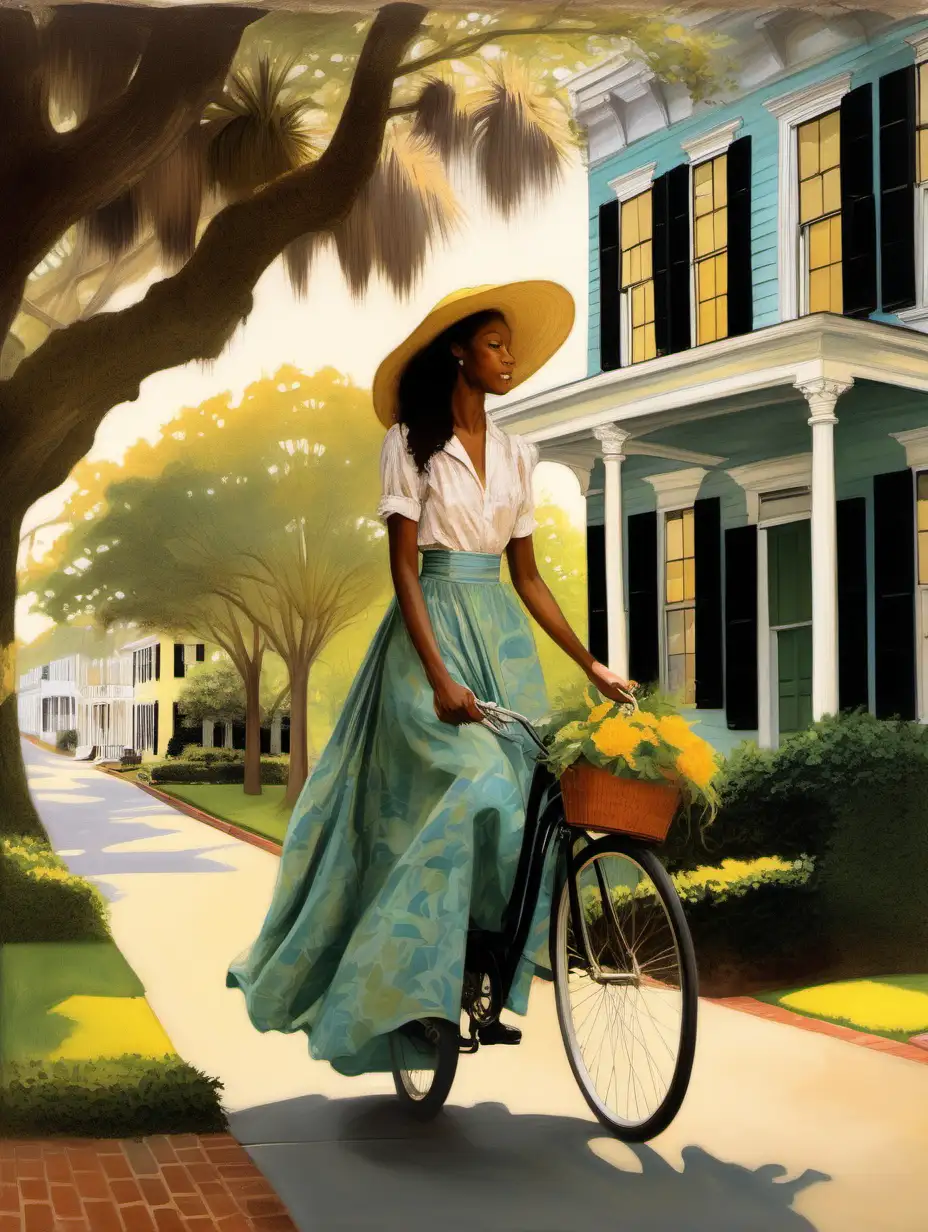 Charleston-Street-Scene-Woman-Cycling-under-MossCovered-Oaks-in-Warm-Afternoon-Light